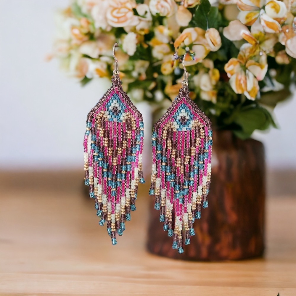 Colorful Beads Tassel Dangle Earrings Retro Bohemian Ethnic Style